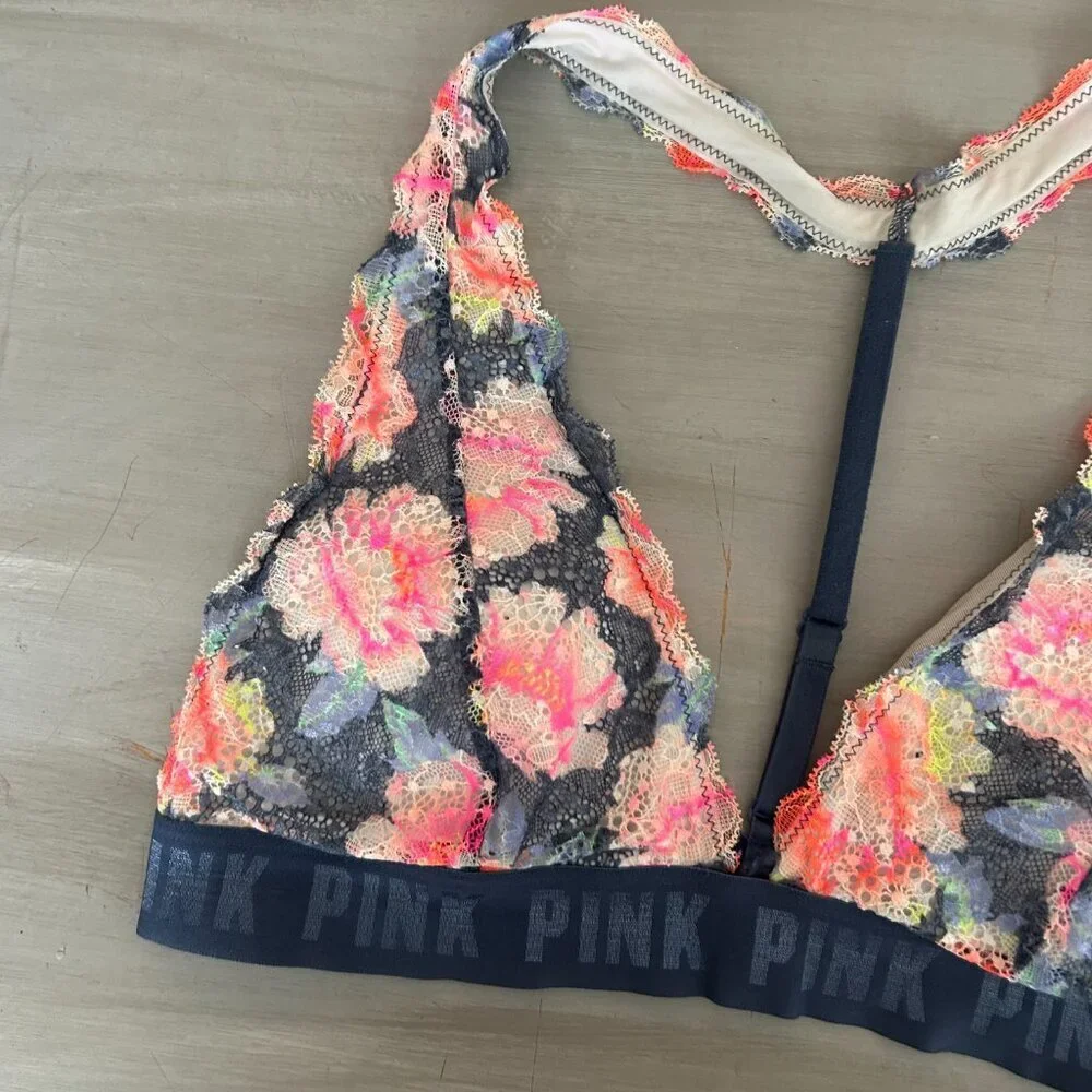 Victoria's Secret Bralette Size Large Blue Floral Lace Wireless Adjustable